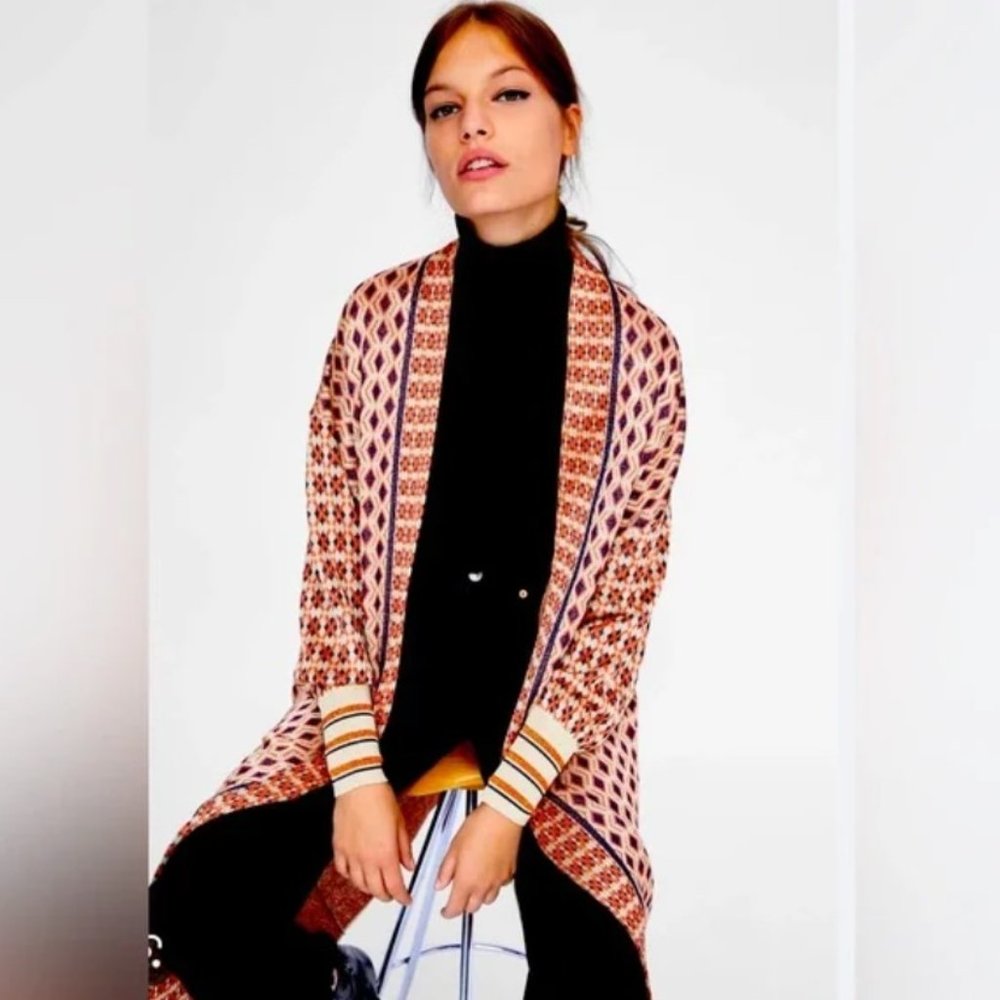 Zara Special Edition Jacquard Coat Duster Cardigan Metallic Sweater Small